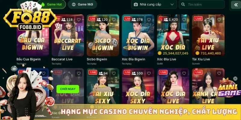 FO88 - Sảnh Game FO88 – Slot, Bắn Cá, Game Bài Siêu Cuốn 13 Hạng mục casino chuyên nghiệp, chất lượng